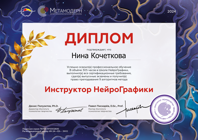 Диплом Нины Кочетковой — Инструктор НейроГрафики, 2024 год
